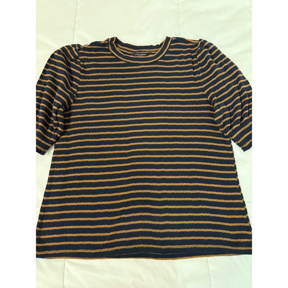 Lucky Brand Tops - Lucky Brand Women Navy Brown Striped Puff Sleeve Ribbed Knit Top 7WD61577 Large